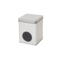 Square tin 100 g with hinged lid and window